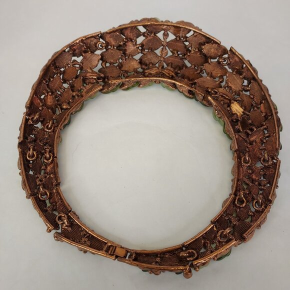 Vintage Copper Lucite Leaves Set Choker Necklace Post Earrings Green Rhinestone - Picture 9 of 16